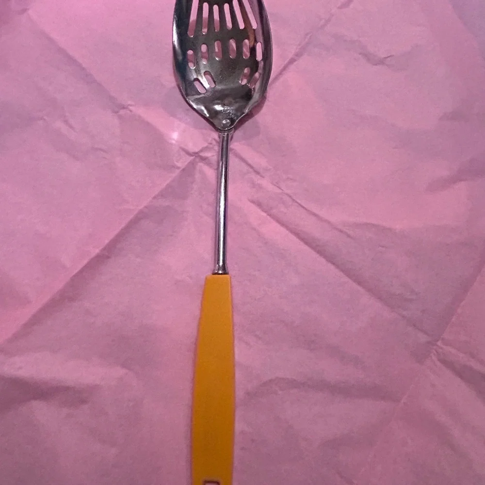 Vintage EKCO Chromium plated 12” Yellow Handled Slotted Spoon